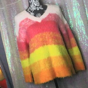 BRIGHT FUZZY SWEATER XS Anthropologie Pink Orange Fall Statement Office Work
